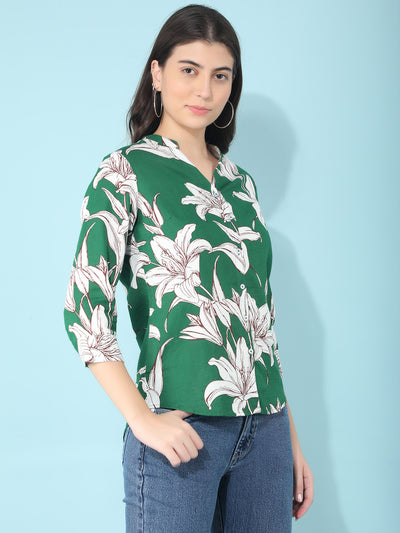 Green 100% Cotton Floral Print Shirt-Women Shirts-Crimsoune Club