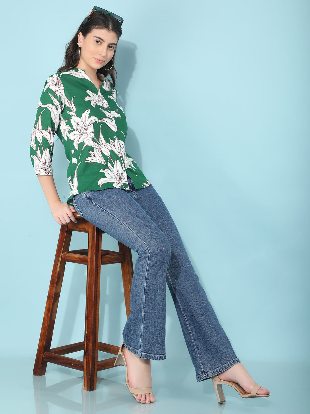 Green 100% Cotton Floral Print Shirt-Women Shirts-Crimsoune Club