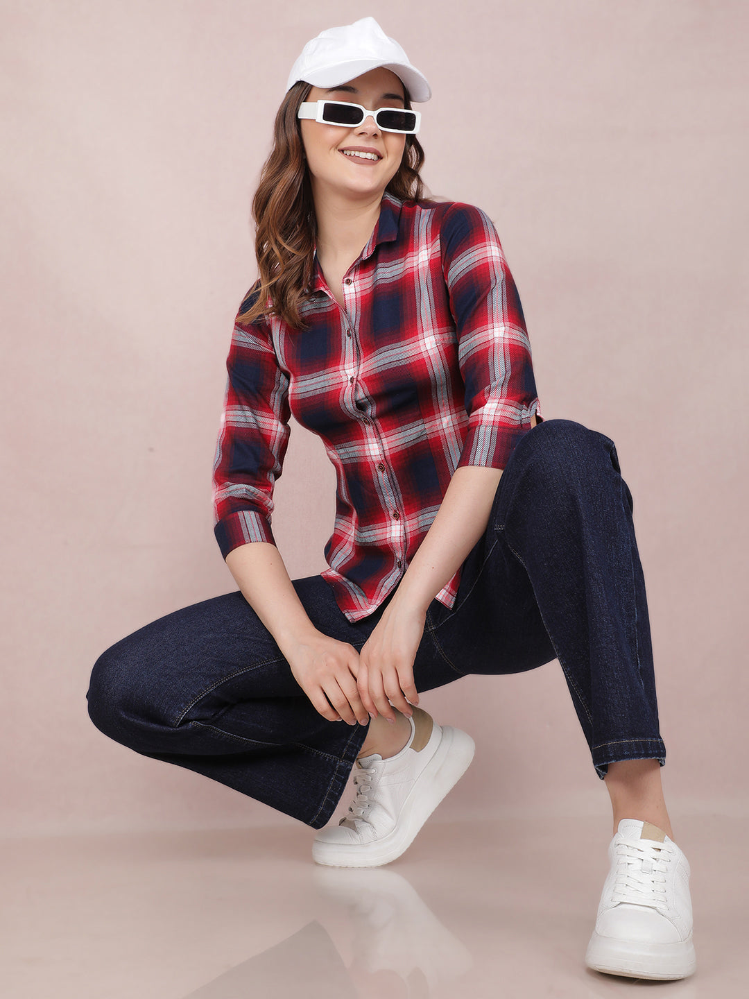 Red Checked Shirt-Women Shirts-Crimsoune Club