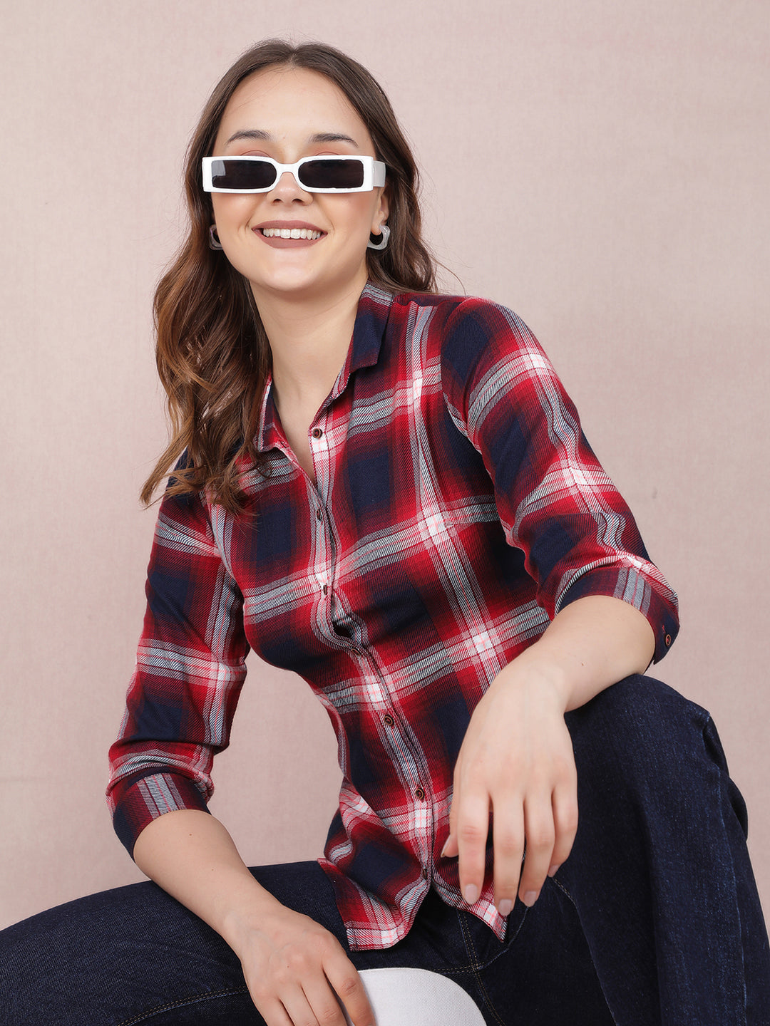 Red Checked Shirt-Women Shirts-Crimsoune Club