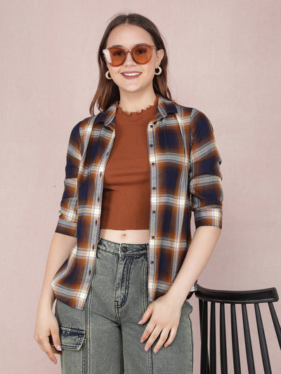 Brown Checked Shirt-Women Shirts-Crimsoune Club