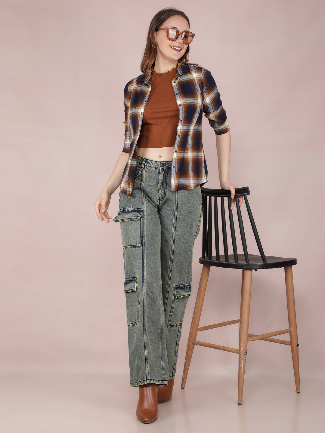 Brown Checked Shirt-Women Shirts-Crimsoune Club