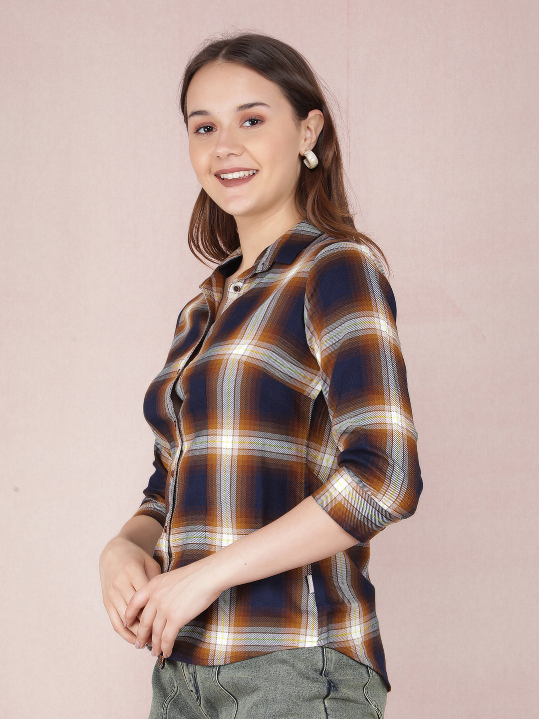 Brown Checked Shirt-Women Shirts-Crimsoune Club