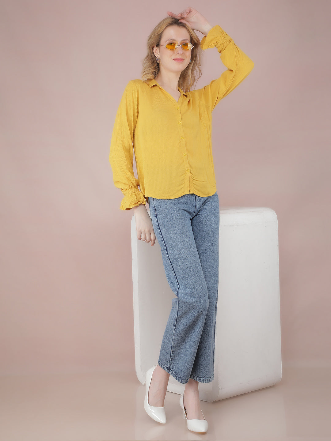 Yellow Jacquard Shirt-Women Shirts-Crimsoune Club