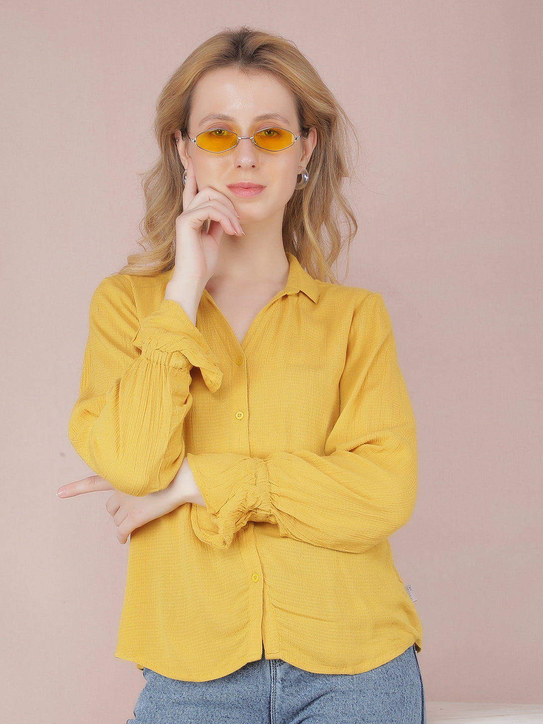 Yellow Jacquard Shirt-Women Shirts-Crimsoune Club