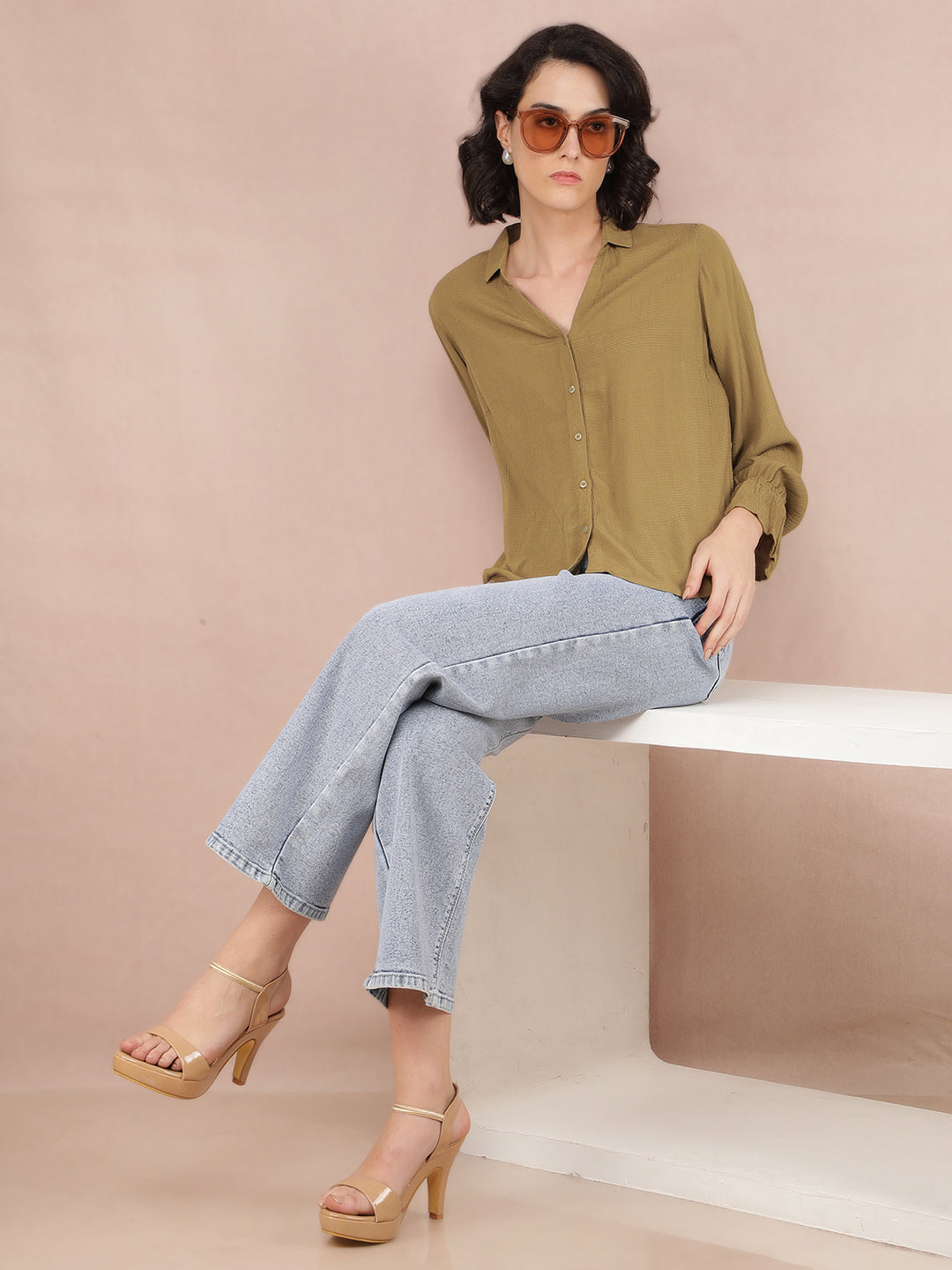 Olive Jacquard Shirt-Women Shirts-Crimsoune Club