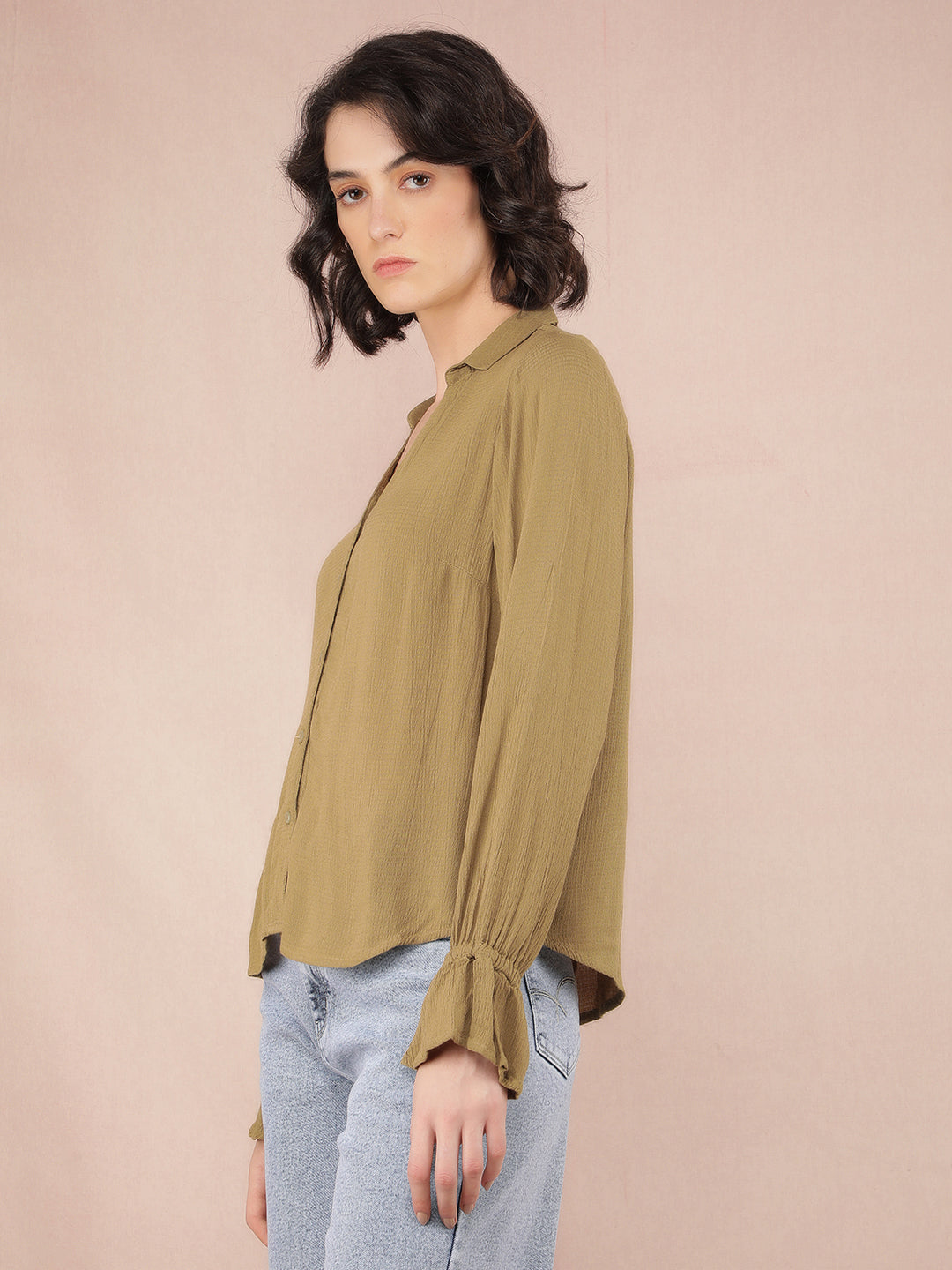 Olive Jacquard Shirt-Women Shirts-Crimsoune Club