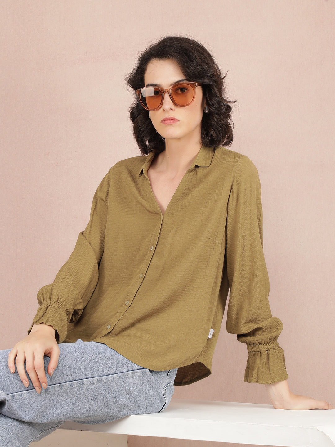 Olive Jacquard Shirt-Women Shirts-Crimsoune Club