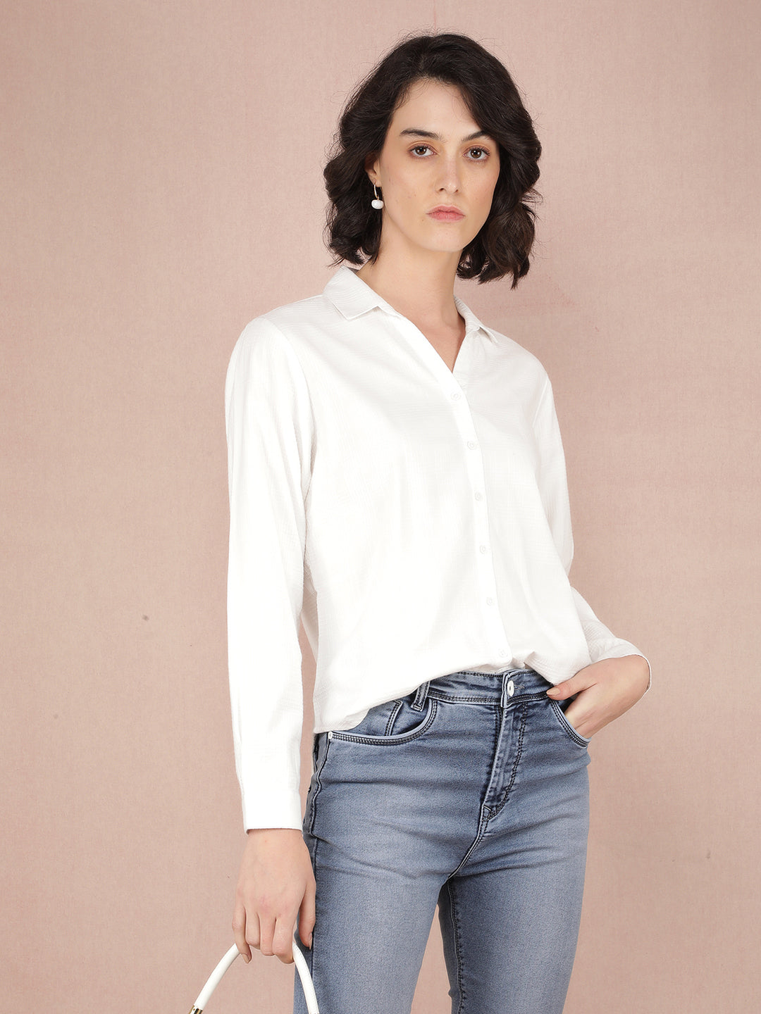 White Jacquard Knitted Shirt-Women Shirts-Crimsoune Club