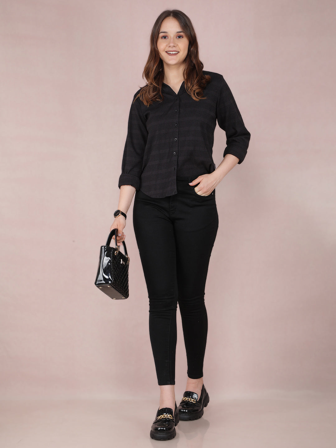 Black Jacquard Knitted Shirt-Women Shirts-Crimsoune Club