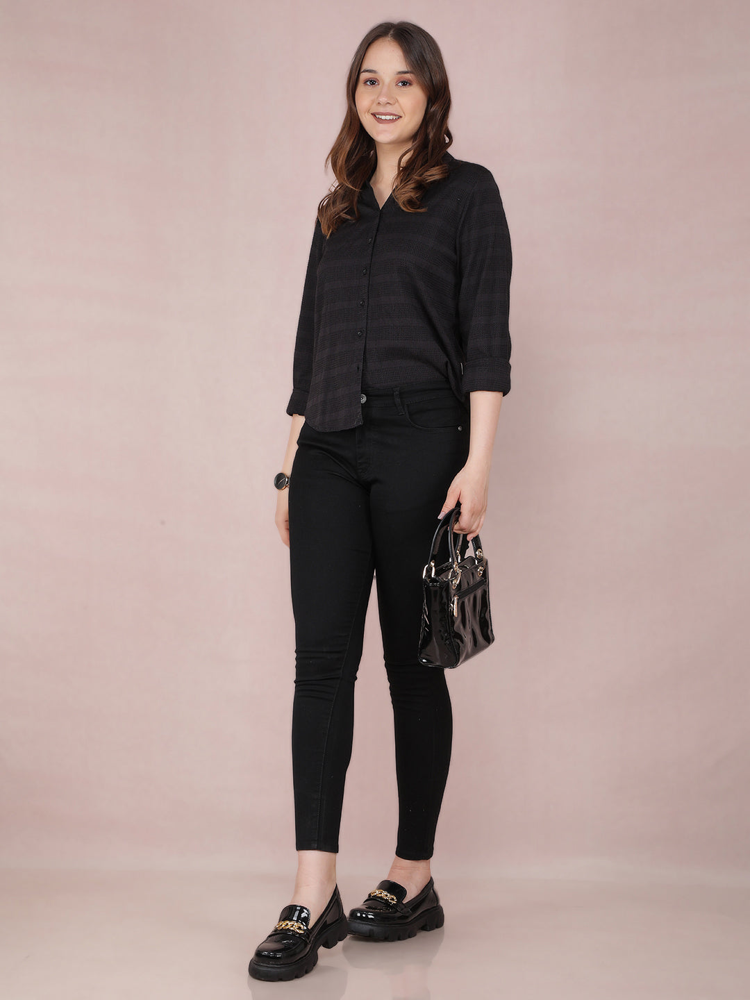 Black Jacquard Knitted Shirt-Women Shirts-Crimsoune Club