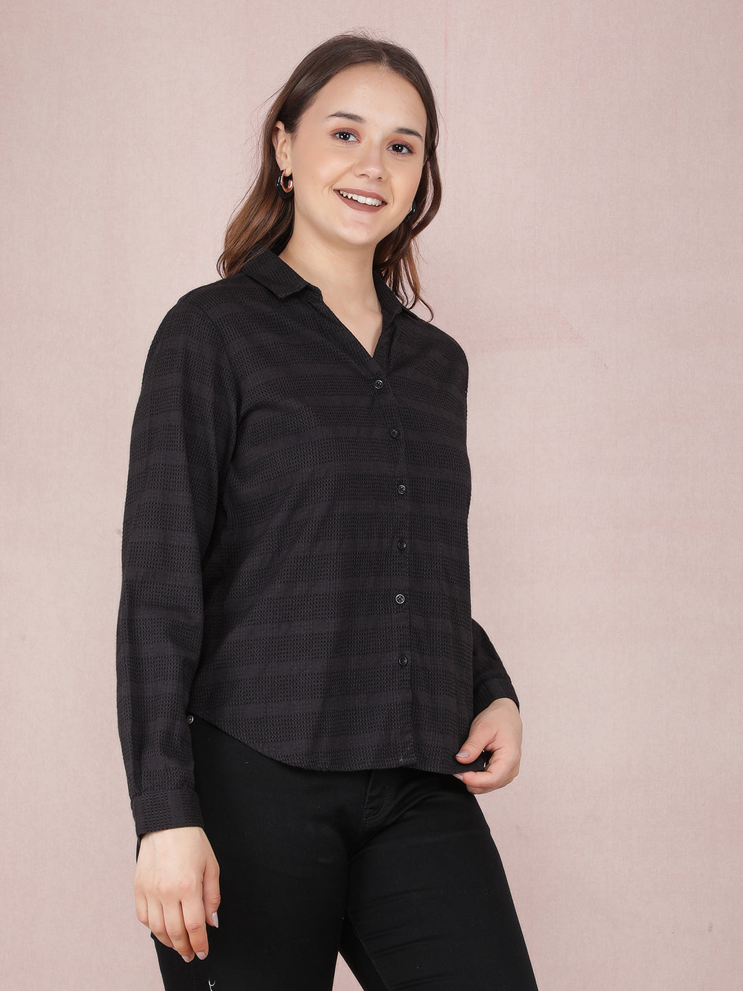 Black Jacquard Knitted Shirt-Women Shirts-Crimsoune Club