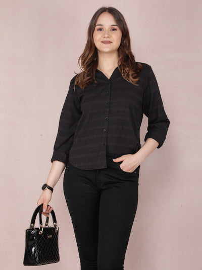 Black Jacquard Knitted Shirt-Women Shirts-Crimsoune Club