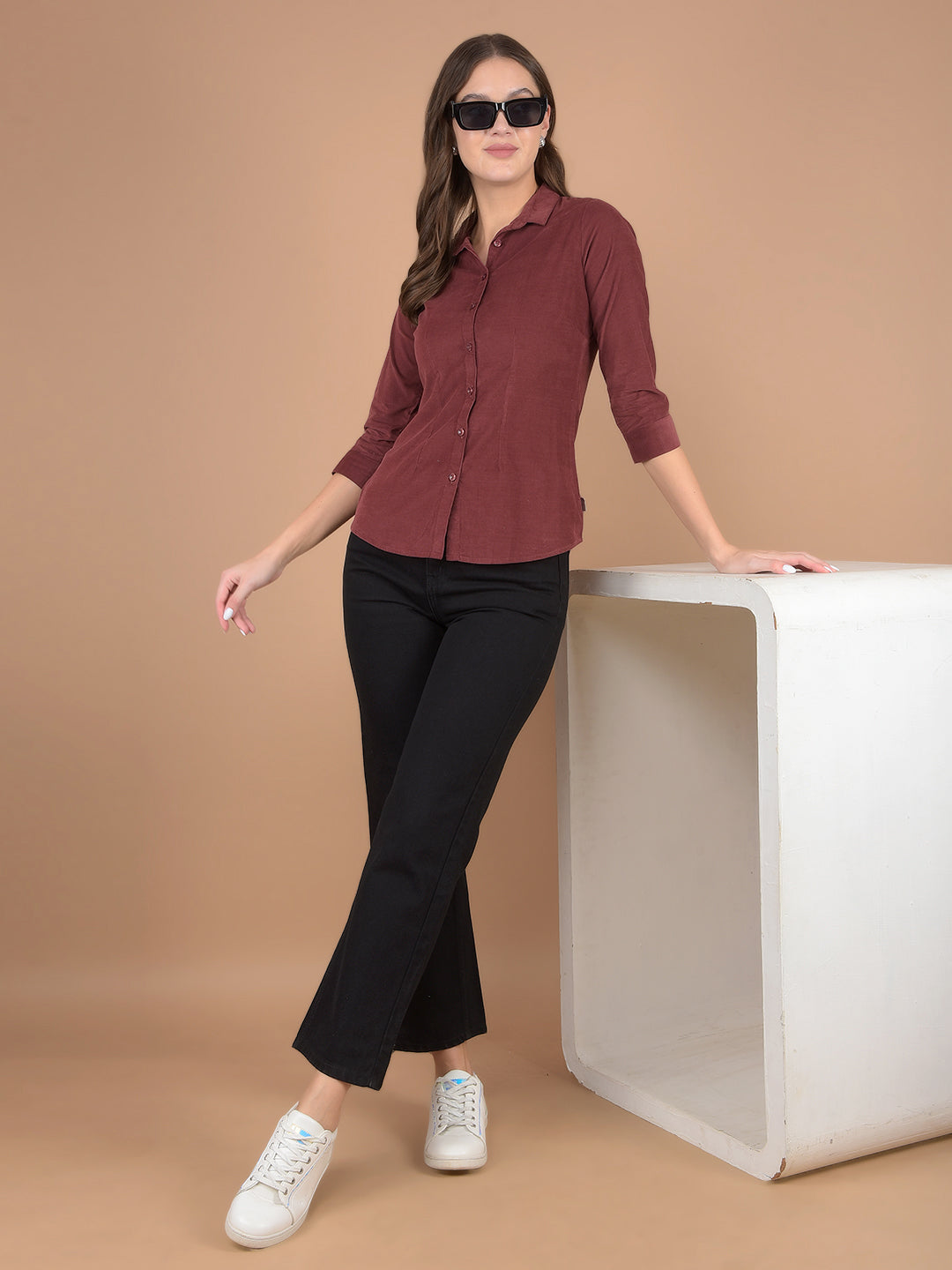 Maroon Corduroy Shirt-Women Shirts-Crimsoune Club