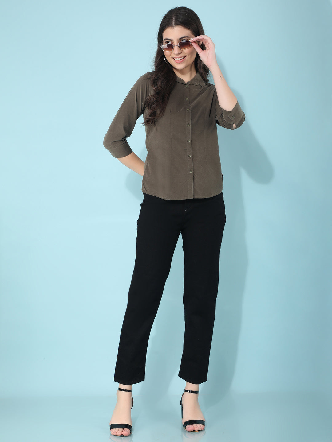 Olive Knitted Shirt-Women Shirts-Crimsoune Club