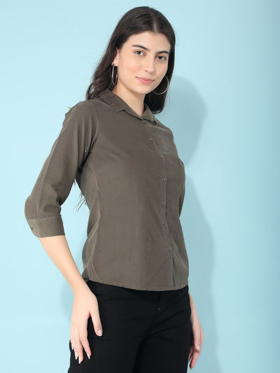 Olive Knitted Shirt-Women Shirts-Crimsoune Club