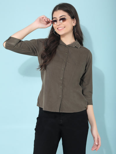 Olive Knitted Shirt-Women Shirts-Crimsoune Club