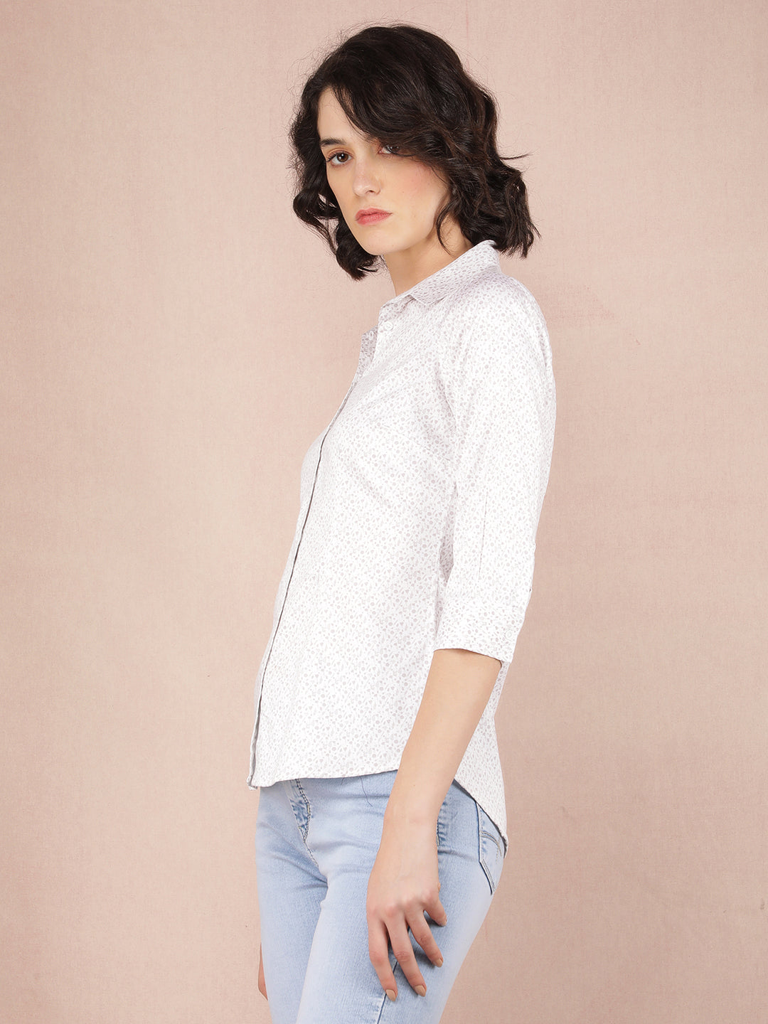 White Floral Print Shirt-Women Shirts-Crimsoune Club