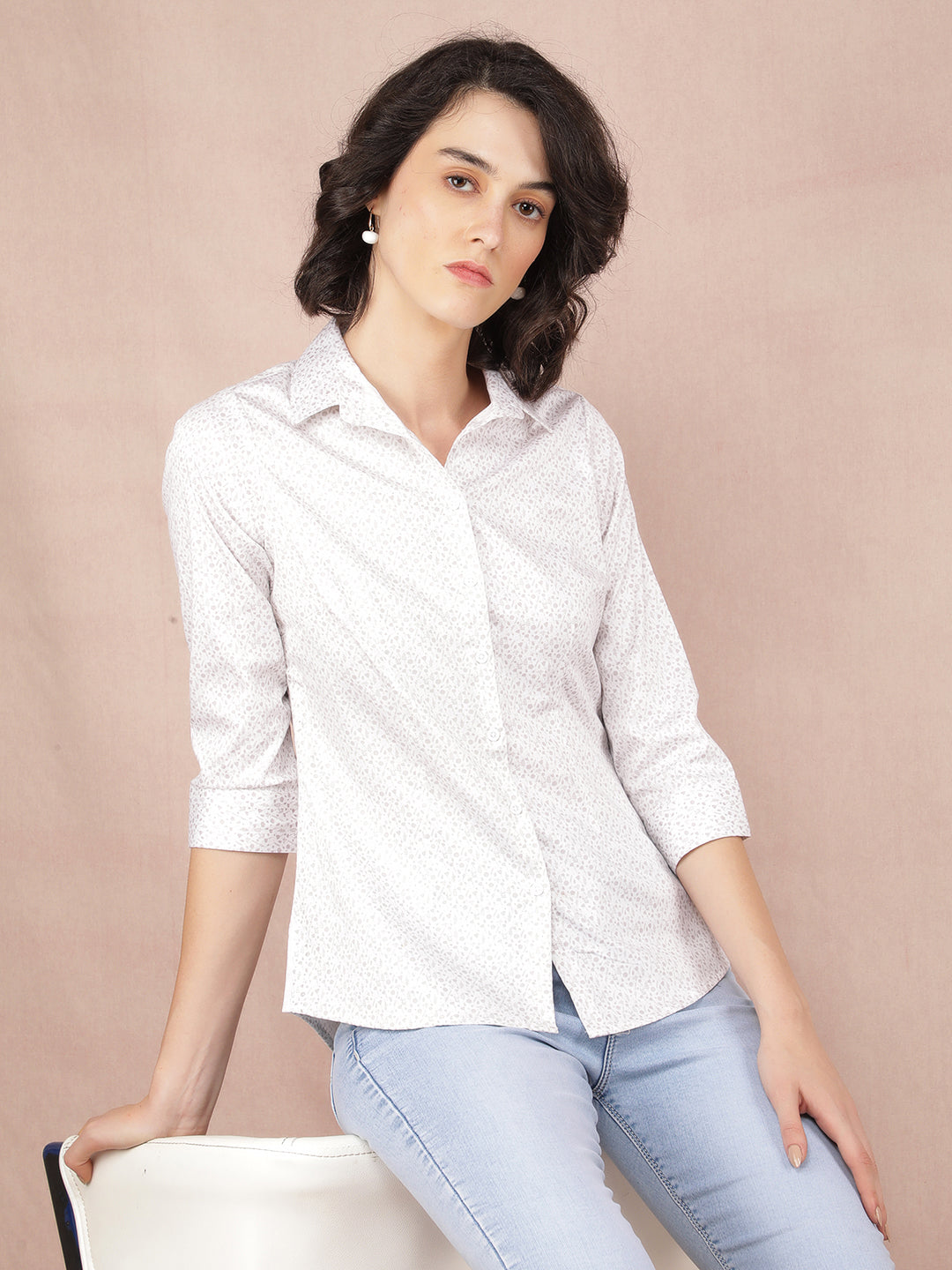 White Floral Print Shirt-Women Shirts-Crimsoune Club