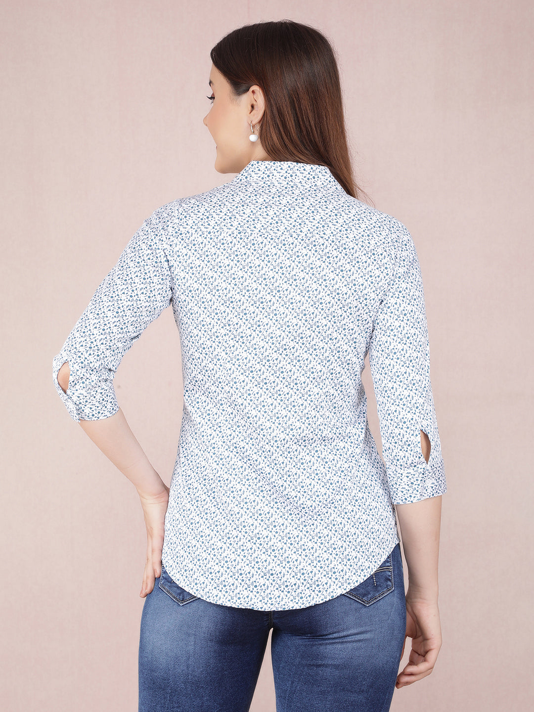 Blue Floral Print Shirt-Women Shirts-Crimsoune Club