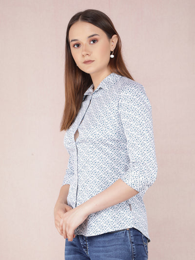 Blue Floral Print Shirt-Women Shirts-Crimsoune Club