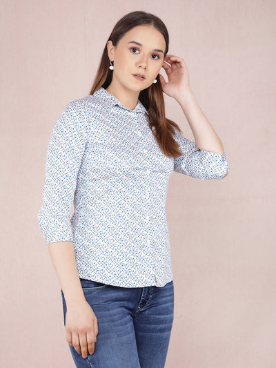 Blue Floral Print Shirt-Women Shirts-Crimsoune Club