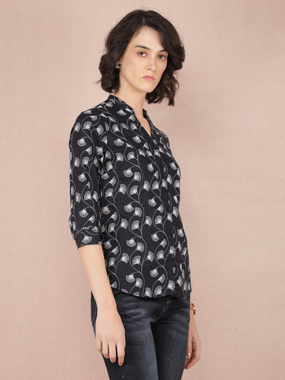 Black Floral Print Shirt-Women Shirts-Crimsoune Club