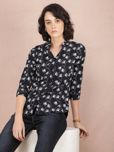 Black Floral Print Shirt-Women Shirts-Crimsoune Club