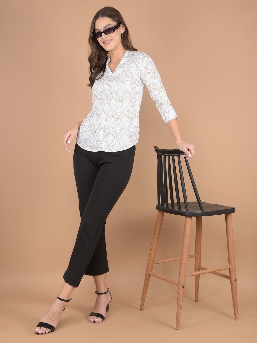 Olive Printed V-Neck Shirt-Women Shirts-Crimsoune Club