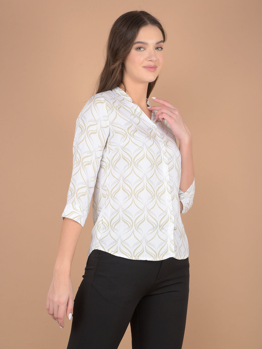 Olive Printed V-Neck Shirt-Women Shirts-Crimsoune Club