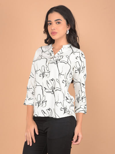 White Floral Print V-Neck Top-Women Tops-Crimsoune Club