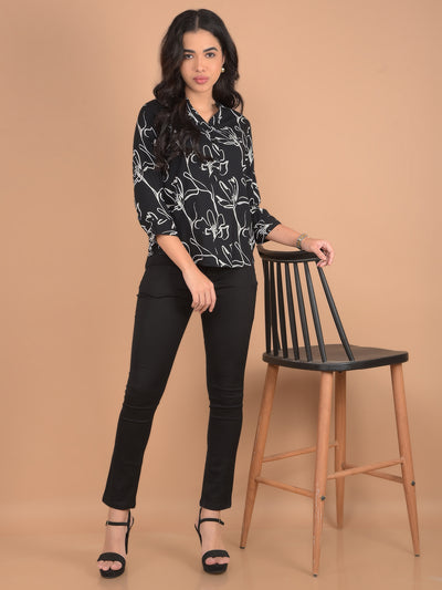 Black Floral Print V-Neck Top-Women Tops-Crimsoune Club