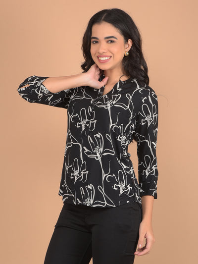 Black Floral Print V-Neck Top-Women Tops-Crimsoune Club