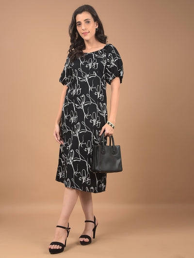 Black Floral Print Square Neck Midi Length Dress