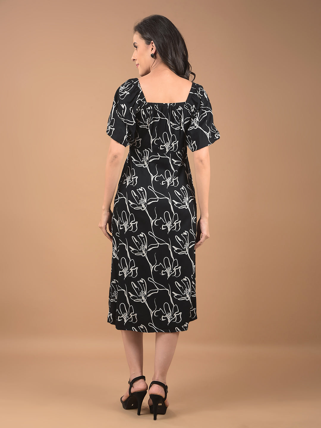 Black Floral Print Square Neck Midi Length Dress