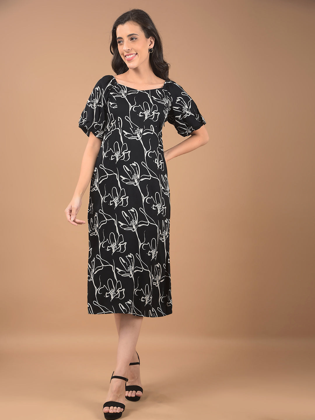 Black Floral Print Square Neck Midi Length Dress