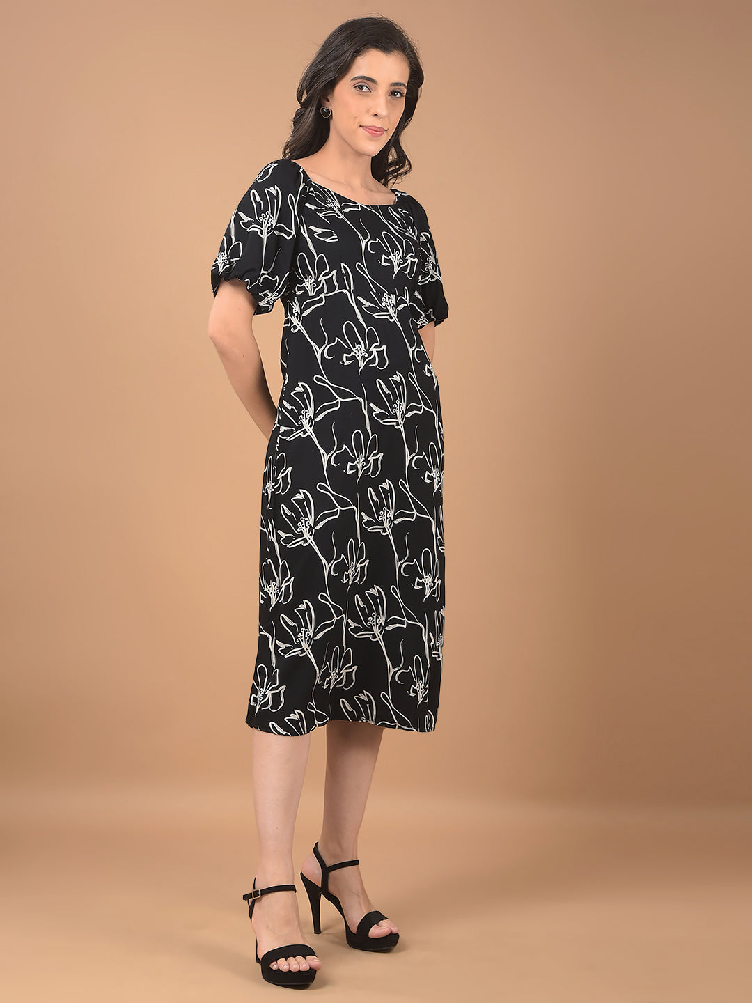 Black Floral Print Square Neck Midi Length Dress