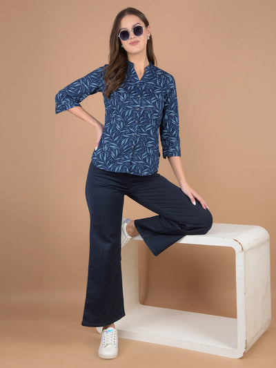 Navy Blue Floral Print V-Neck 100% Cotton Shirt-Women Shirts-Crimsoune Club