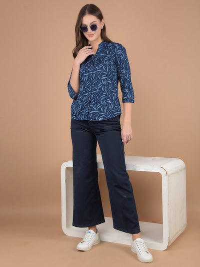 Navy Blue Floral Print V-Neck 100% Cotton Shirt-Women Shirts-Crimsoune Club