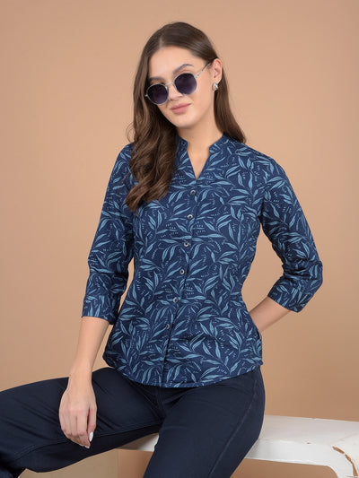 Navy Blue Floral Print V-Neck 100% Cotton Shirt-Women Shirts-Crimsoune Club