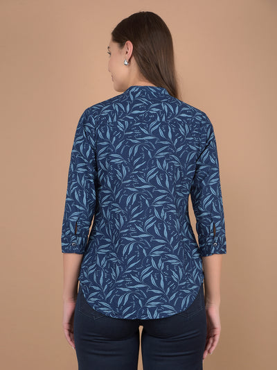 Navy Blue Floral Print V-Neck 100% Cotton Shirt-Women Shirts-Crimsoune Club