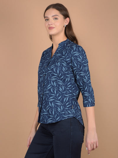 Navy Blue Floral Print V-Neck 100% Cotton Shirt-Women Shirts-Crimsoune Club