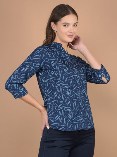 Navy Blue Floral Print V-Neck 100% Cotton Shirt-Women Shirts-Crimsoune Club