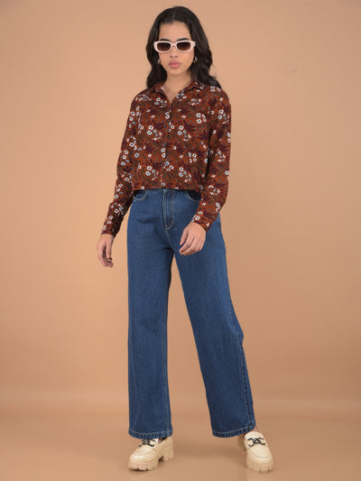 Brown Floral Print 100% Cotton Shirt-Women Shirts-Crimsoune Club