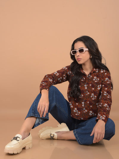 Brown Floral Print 100% Cotton Shirt-Women Shirts-Crimsoune Club