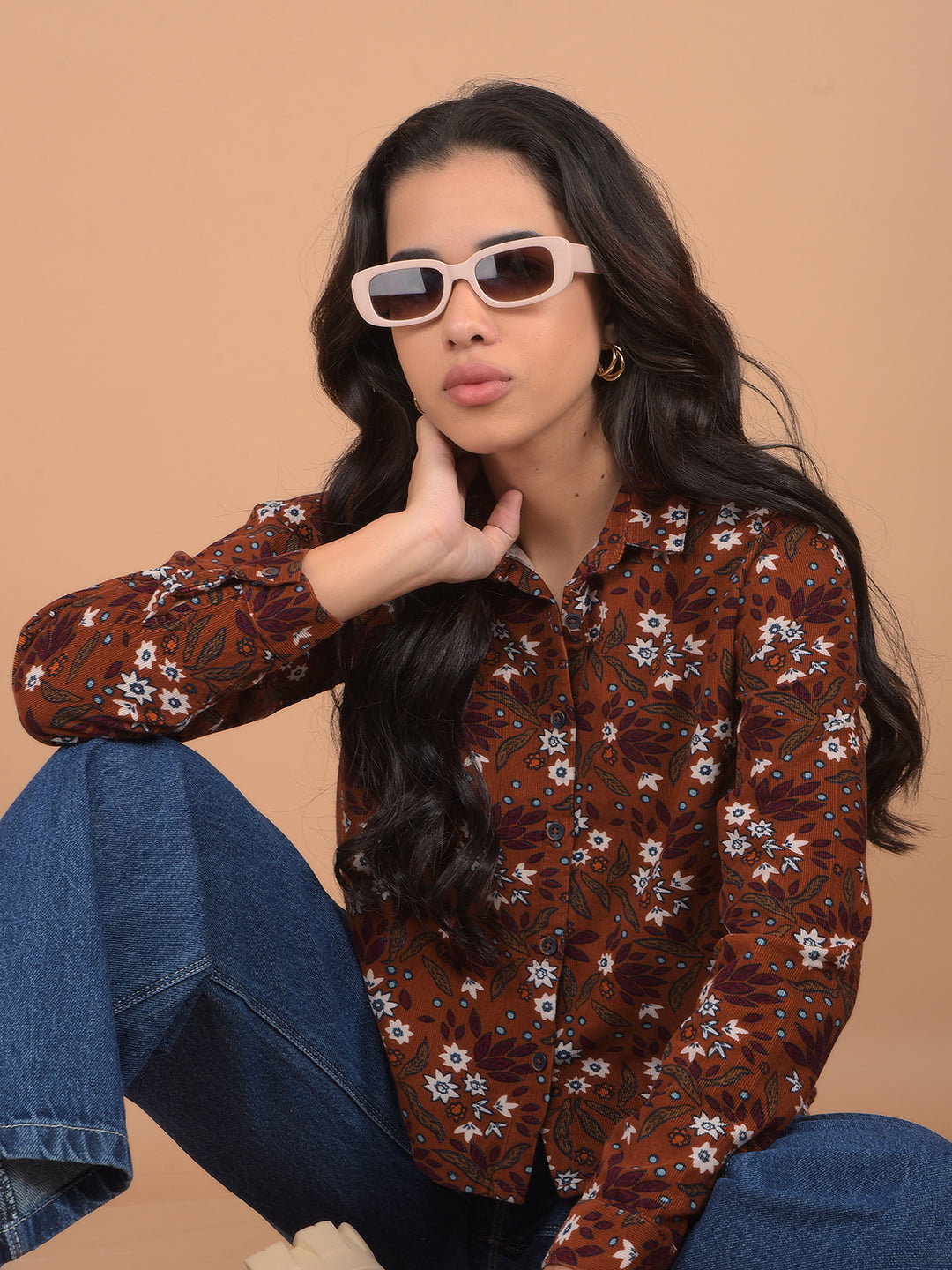 Brown Floral Print 100% Cotton Shirt-Women Shirts-Crimsoune Club