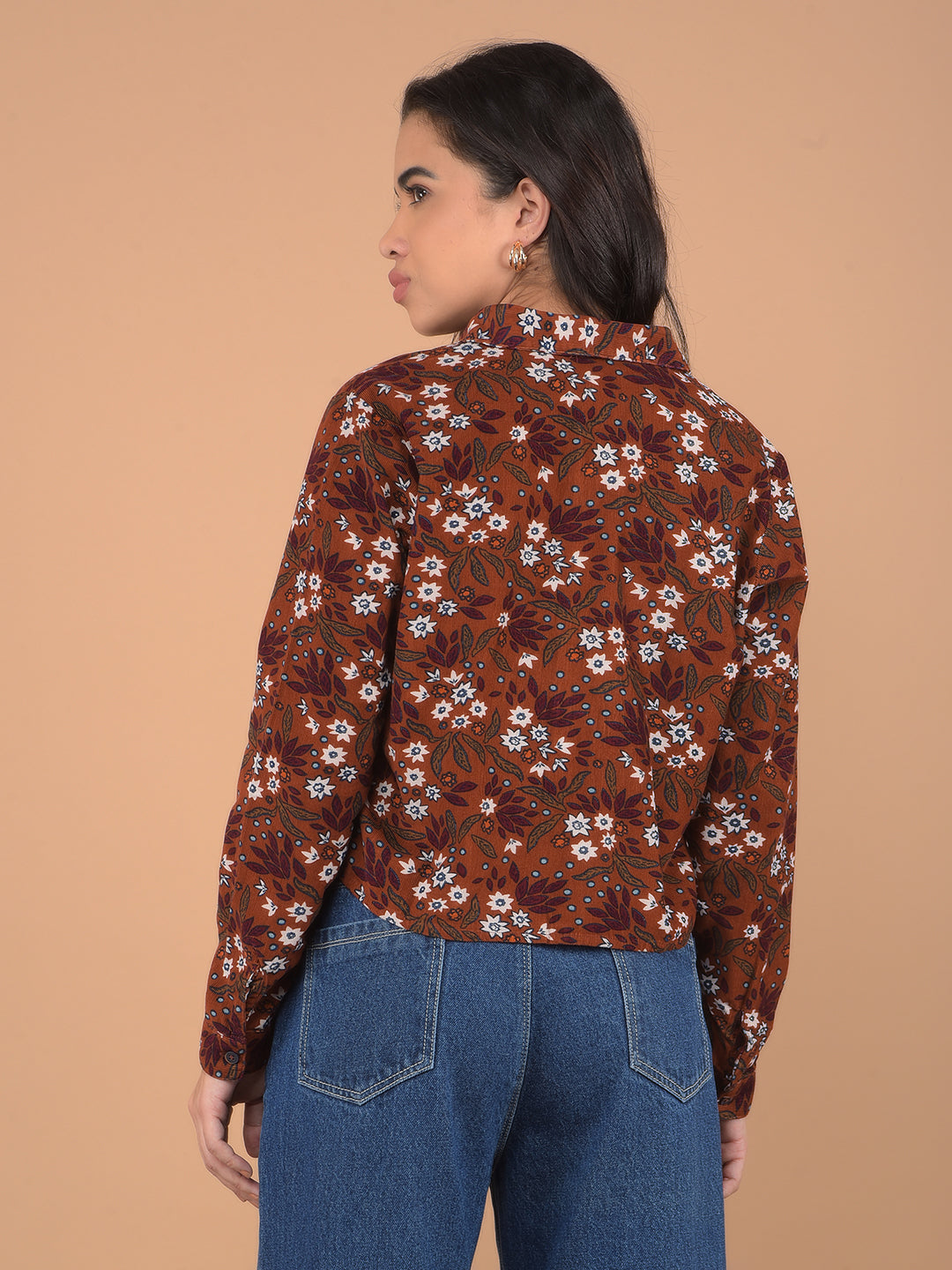 Brown Floral Print 100% Cotton Shirt-Women Shirts-Crimsoune Club