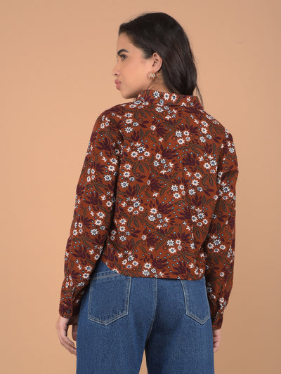 Brown Floral Print 100% Cotton Shirt-Women Shirts-Crimsoune Club