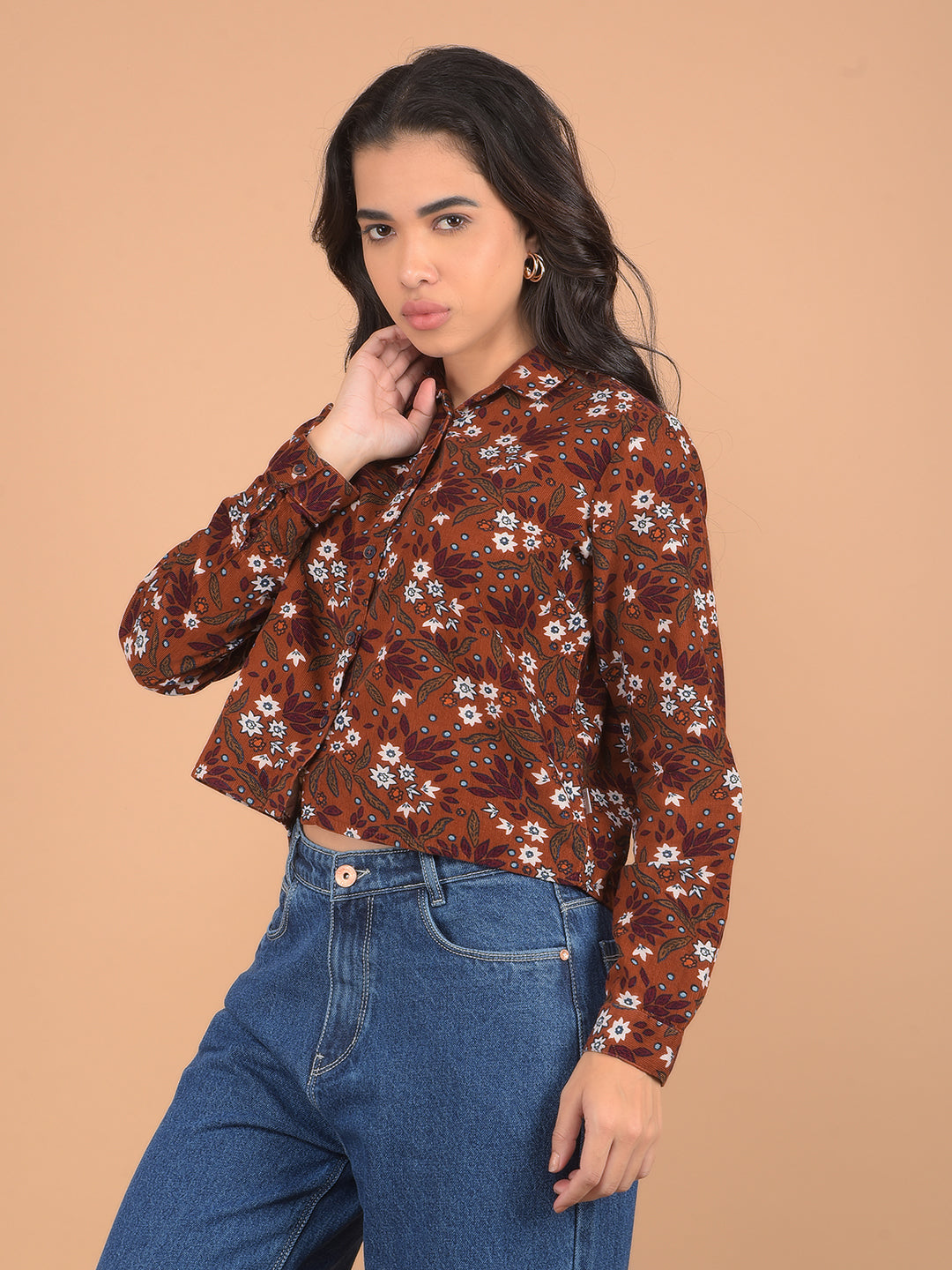 Brown Floral Print 100% Cotton Shirt-Women Shirts-Crimsoune Club