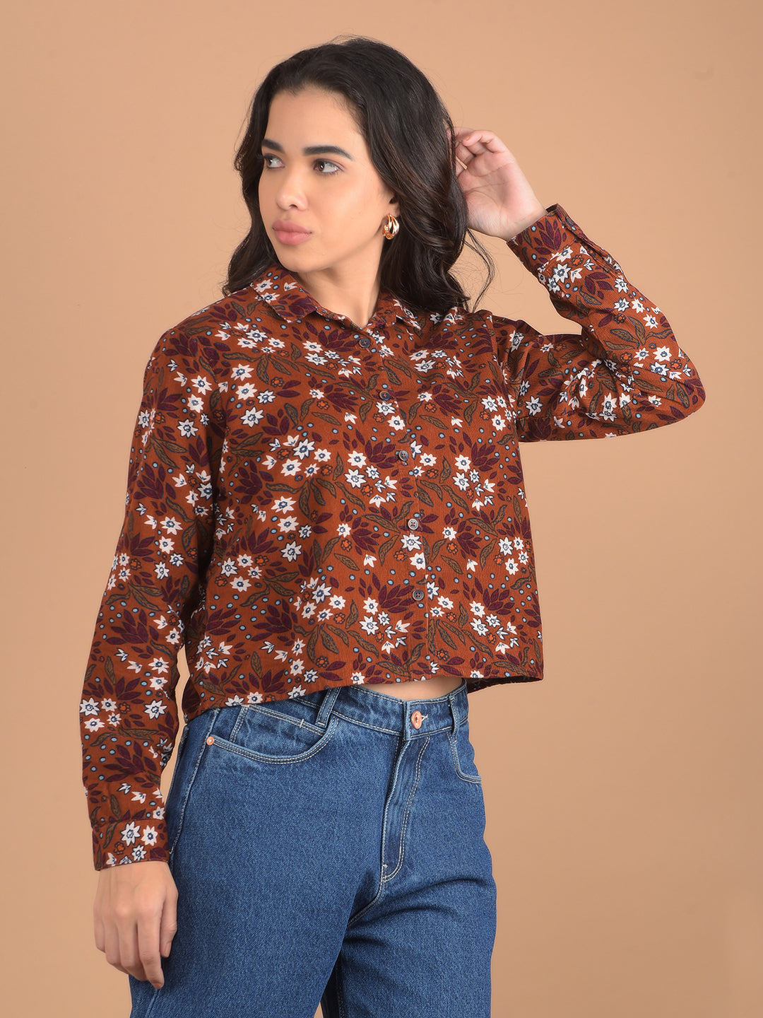 Brown Floral Print 100% Cotton Shirt-Women Shirts-Crimsoune Club